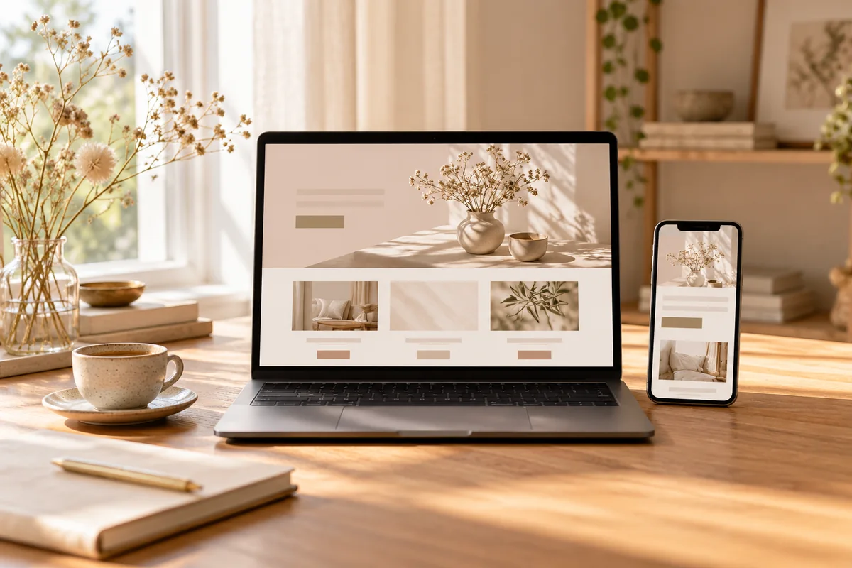 Een laptop en telefoon met een bijpassende website op een warme, lichte werkplek