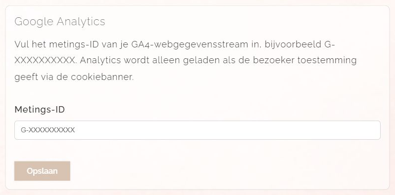 Google Analytics-instellingen met een leeg Metings-ID-veld en de knop Opslaan