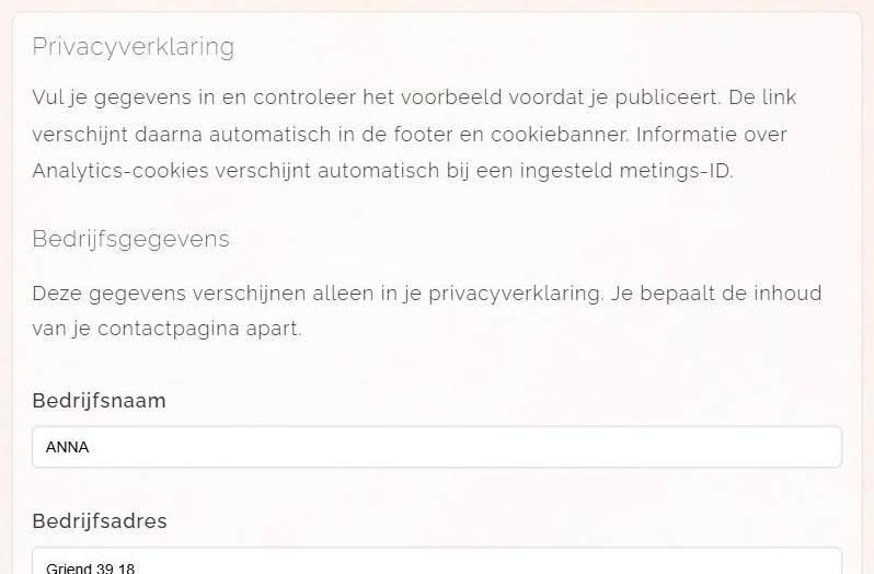 Het onderdeel Privacyverklaring met uitleg en de eerste velden voor bedrijfsgegevens
