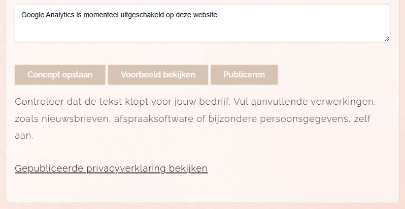 De knoppen Concept opslaan, Voorbeeld bekijken en Publiceren, met de link naar de gepubliceerde privacyverklaring