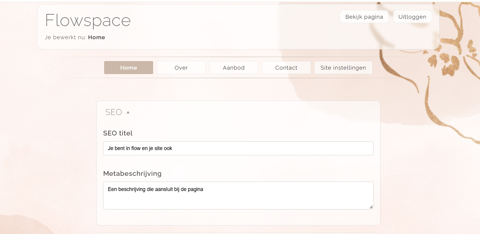 SEO-instellingen in Flowspace met de velden SEO titel en Metabeschrijving