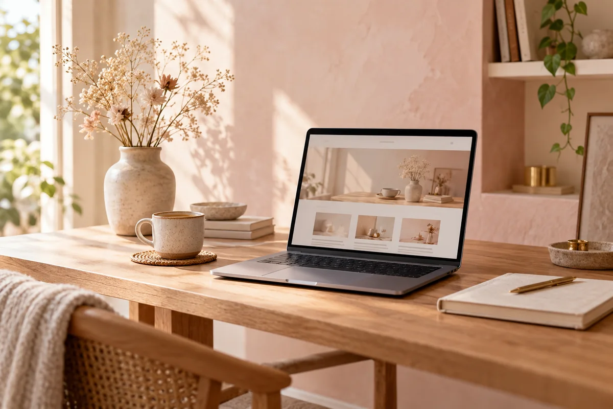Sfeervolle werkplek met een laptop, koffie en bloemen